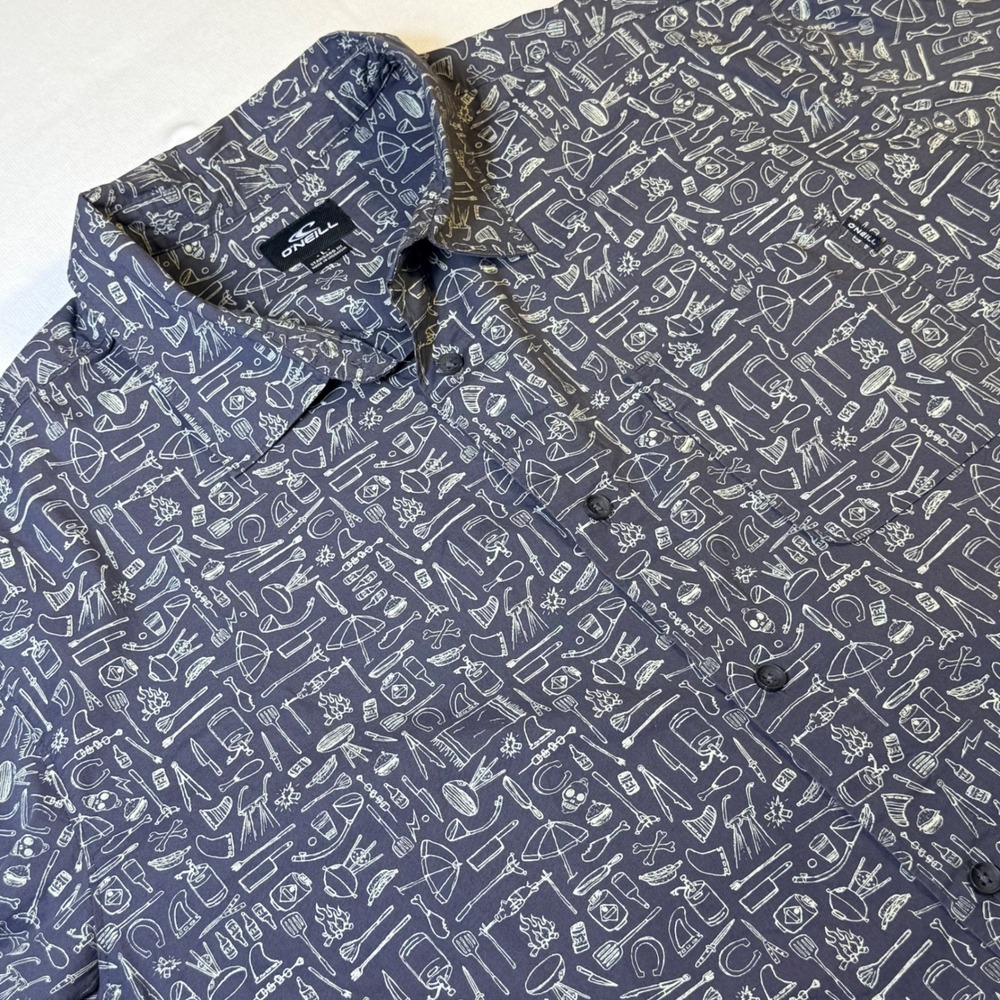 O'Neill Button Down Shirt Large Gray BBQ Camping Print Short Sleeve Cotton Blend